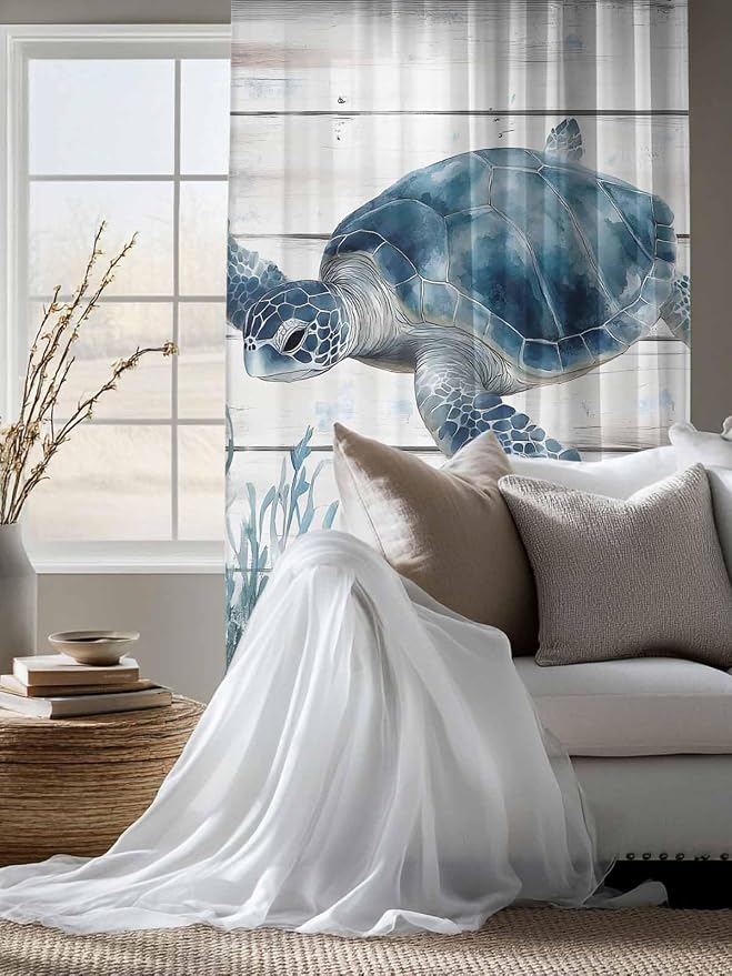 Sheer Curtains 72 Inches Long, Ocean Sea Turtle Semi Sheer Curtains Light - Image 4