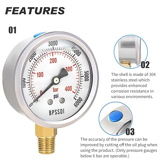 0-6000 Psi Glycerin Liquid Filled Hydraulic High Pressure Gauge, 2.5" Dial Size - Image 4