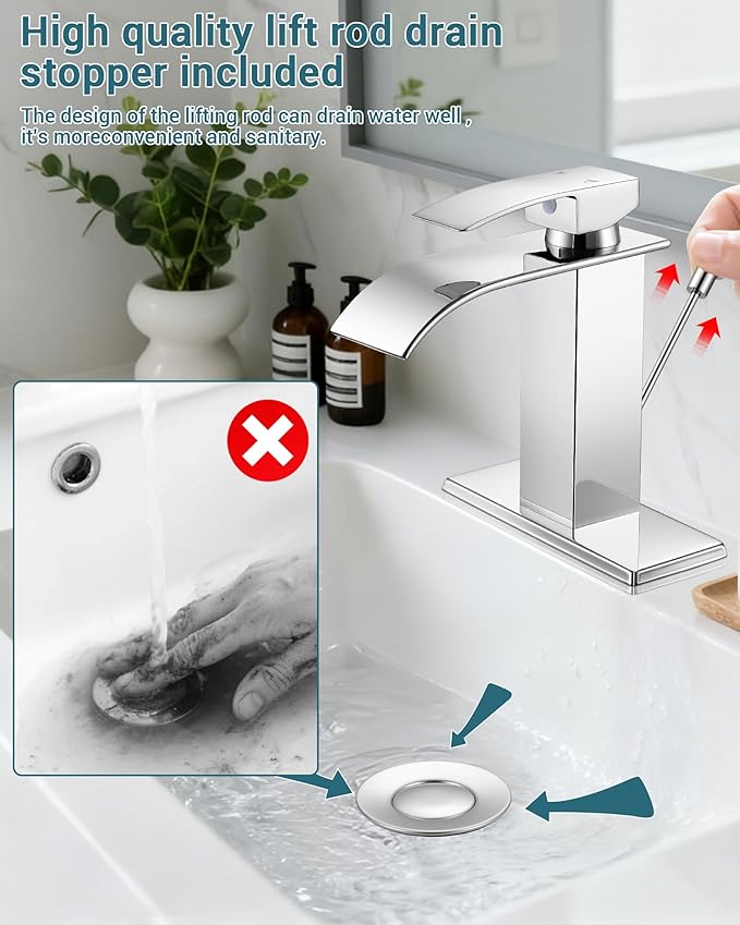 Bathroom Faucets with Lift Rod Drain Chrome Waterfall Bathroom Sink Faucet Modern Single Handle Bathroom Faucet for 1 or 3 Hole Mxier Tap Washbasin Faucet with Deck