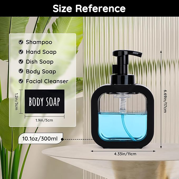 Segbeauty 10.1oz Black Foaming Soap Dispenser for Kitchen, 4pcs 300ml Plastic Square Dish Wash Foam Pump Bottles, Refillable Shampoo Shower Foam Soap Dispenser, Foam Hand Wash Dispenser with Labels