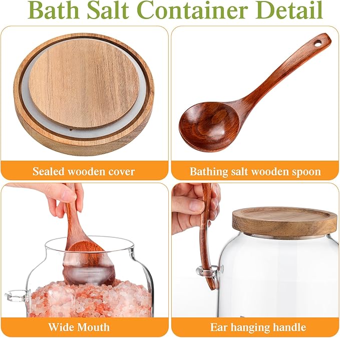 1 Piece 94 oz Bath Salts Glass Jar with Wooden Lid, Bath Salt Container with Scoop, Airtight Storage Bathtub Accessories for Women
