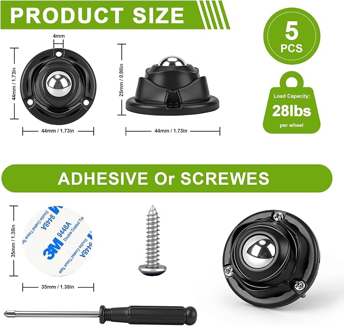 5Pcs Self Adhesive Caster Wheels, 360º Rotation Appliance Wheels, 28LB Capacity - Image 2