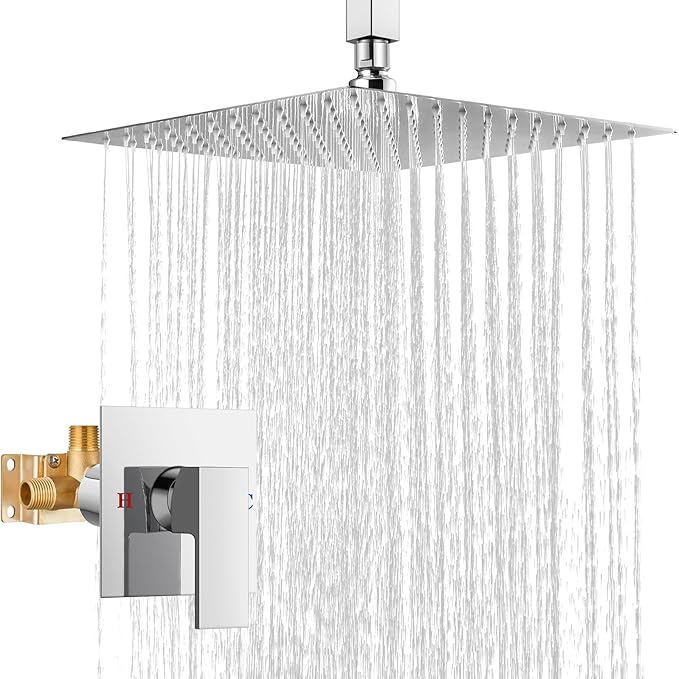 Airuida Shower Faucet Set and Handle Set Single Function Shower Trim Kit Ceiling Mount Rainfall Shower System with Male Threads and Rough-in Valve 12 Inch Square Shower Head Chrome Polish