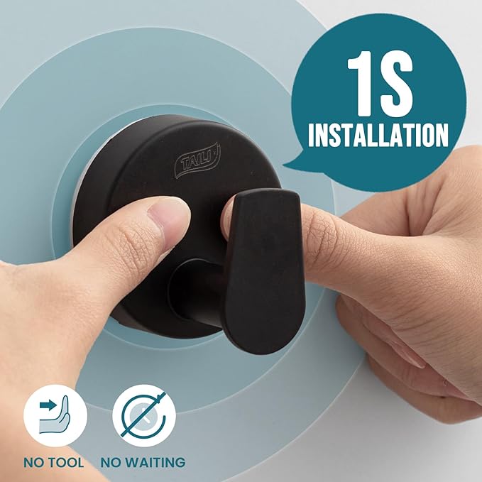 TAILI Stylish 304 Stainless Steel Bathroom Suction Hooks for Towel, Bathrobe, Loofah, No Damage Hanging Glass Shower Wall Hook, Patented Strong Suction Cup Holder, Hold Up to 11 Lbs, A-Cylinder Black