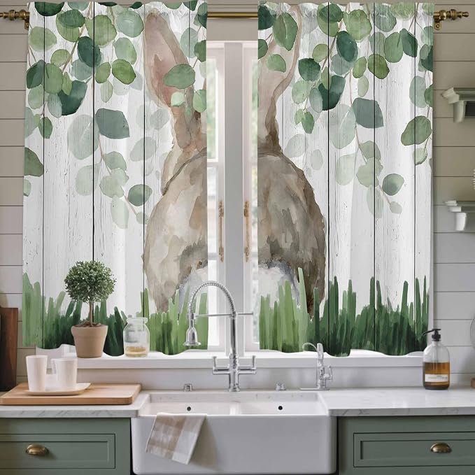 Easter Kitchen Curtains, Country Rabbit Botanical Leaves Wooden Grain Light - Image 2