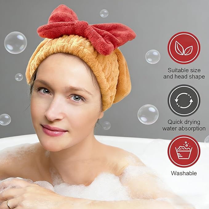 (2PC Red + Pink) Women's Super Absorbent Towel Pack Ultra Fine Fiber Quick Drying Towel Soft Bow Tie Set to Reduce Hairiness Lightweight Hair Blow Towel Suitable for All Hair Types