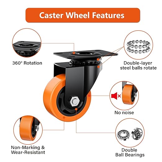 2" Swivel Plate Casters Set of 4 Heavy Duty 400 lbs | Orange PU, Non-Marking - Image 3