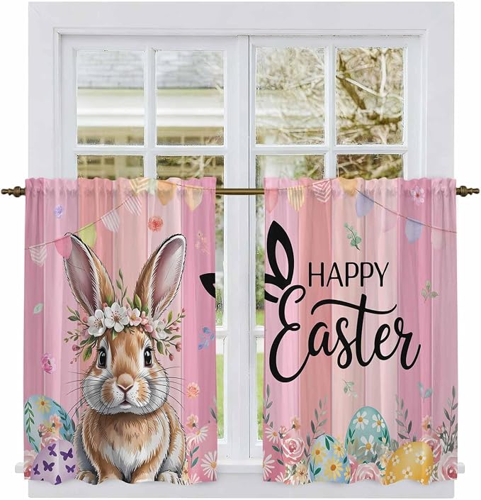 Easter Tier Curtains, Spring Rabbit Eggs Flowers Flags Leaves Wood Grain Light by Unknown