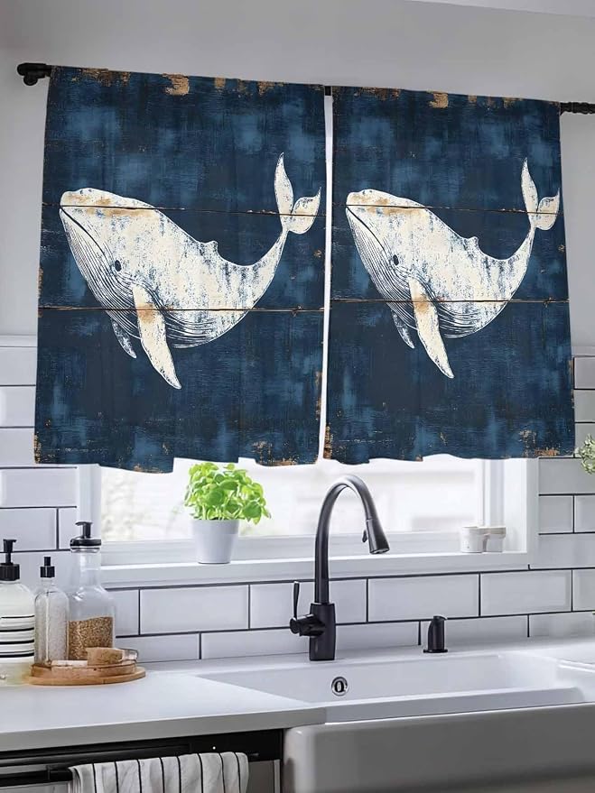 Sheer Curtains 54 Inch Length, Ocean Whale Blue Semi Sheer Curtains Light - Image 5