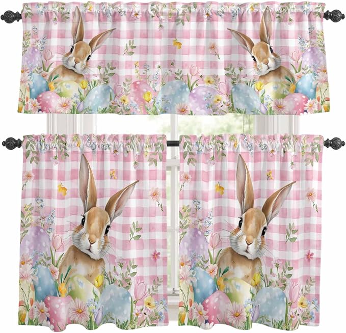 Kitchen Curtains Tiers and Valance Set of 3, Easter Light Filtering Window by Anzona