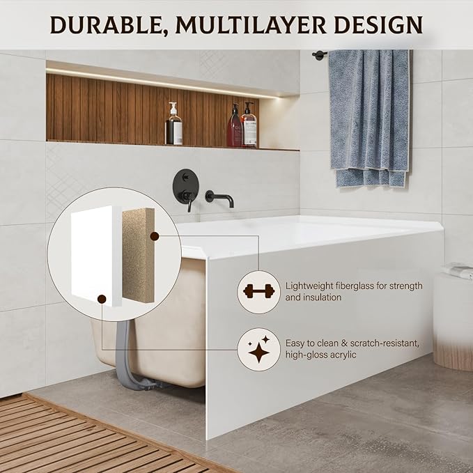 60x32 Inch Acrylic Bathtub, Single Apron Alcove Soaking Tub with Right-Side Overflow & Drain, Space-Saving Built-In Design, Easy Install for Modern Bathrooms