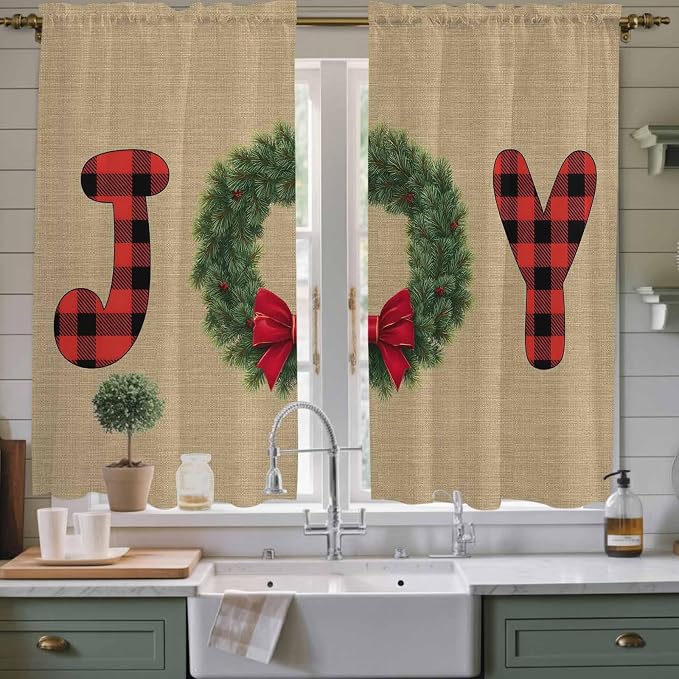 Red Green Christmas Window Curtains 63 Inch Long 2 Panel Set, Rod Pocket by Unknown