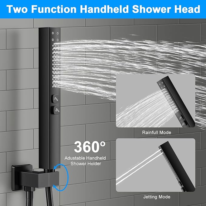 Shower Faucet Set, 3-Setting Push Button Matte Black Shower System, 12 Inch Ceiling Mounted Shower Head, 6 Inch Wall Mounted Rain Shower Head with 2 in 1 Handheld Spray, Shower Valve Trim Kit