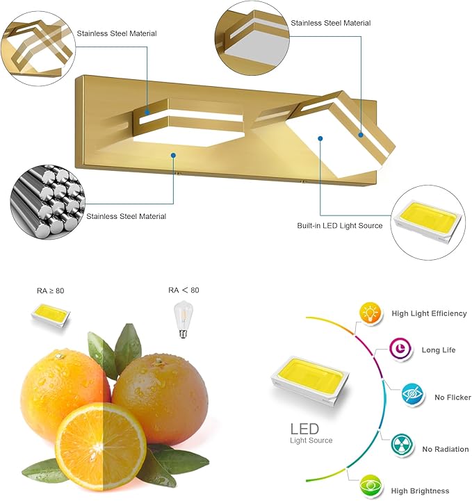 SineRise LED Modern Bathroom Vanity Light Fixtures (2-Light, 15.5-Inch, Dimmable), Brass Modern Acrylic Bathroom Wall Lighting Fixtures Over Mirror (Cool White 6000K)