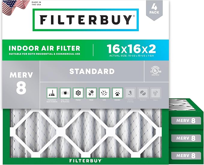 Filterbuy 16x16x2 Air Filter MERV 8 Essential Dust & Allergy Defense, by Filterbuy
