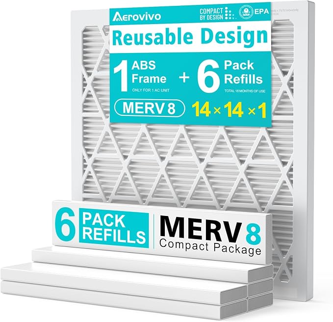 14x14x1 Refillable Air Filter Kit, MERV 8, 1 Reusable Frame ＆ 6 Refills by AErovivo