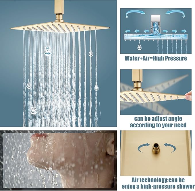 Aolemi Ceiling Mount Shower System Rain Shower Head with Handheld Spray High Pressure Shower Faucet Set Rough-in Valve Shower Trim Kit Included Bathroom Brused Gold 12 Inch Ceiling Shower Head