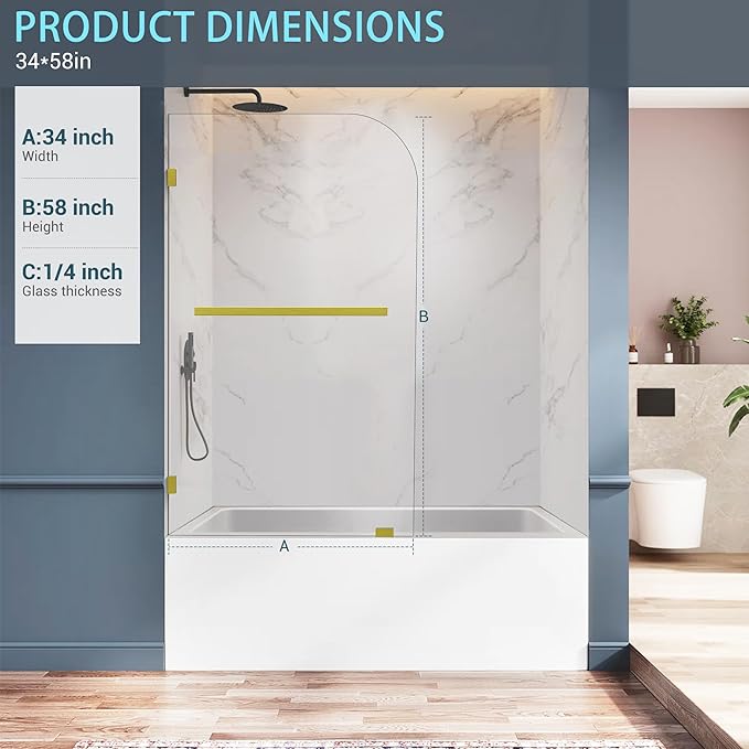 Bathtub Shower Door, 34" W X 58" H Fixed Bathtub Shower Glass Panel in Brushed Gold, 1/4"(6mm) Clear Tempered Frameless Shower Glass Door, Tub Shower Panel with Clamps and Handle