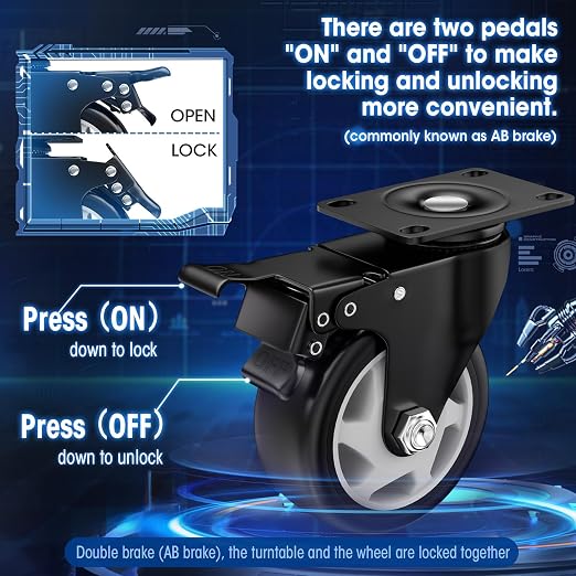 4" Heavy Duty Plate Casters, 1200 Lbs Dual Brake - Image 3