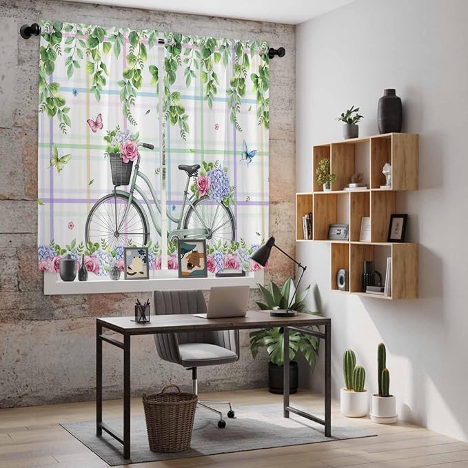 Spring Kitchen Curtains, Bicycles Botanical Leaves Rose Colorful Stripes Light - Image 6