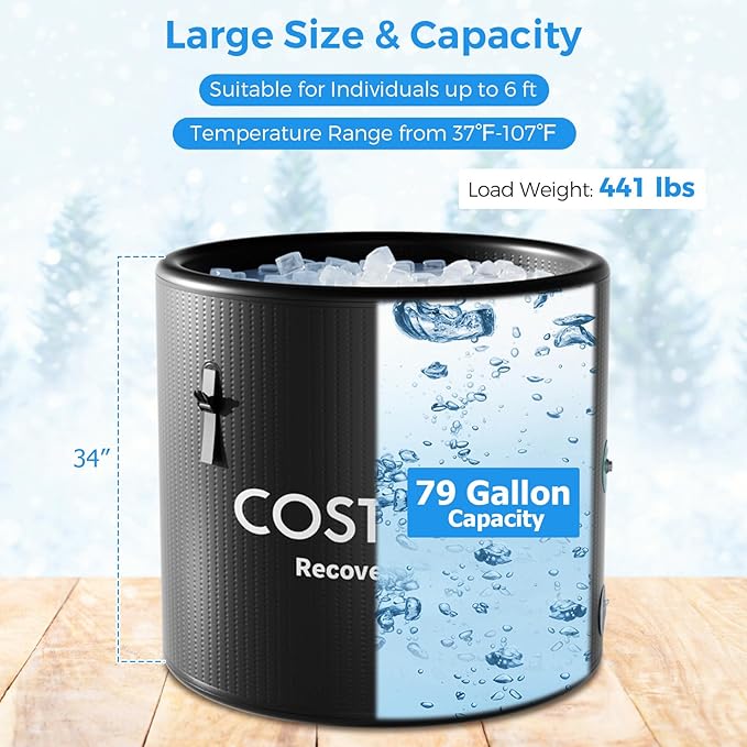 COSTWAY L 79 Gal Oval Ice Bath Tub with Cover, Portable Outdoor Inflatable Cold Plunge Tub with Backpack, Pump, for Cold Therapy, Compatible with Water Chillers, Black