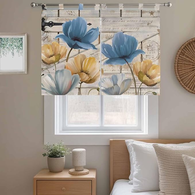 Blue Yellow Tulips Bedroom Curtains 63 Inch Length, Window Curtains Tab Top - Image 9