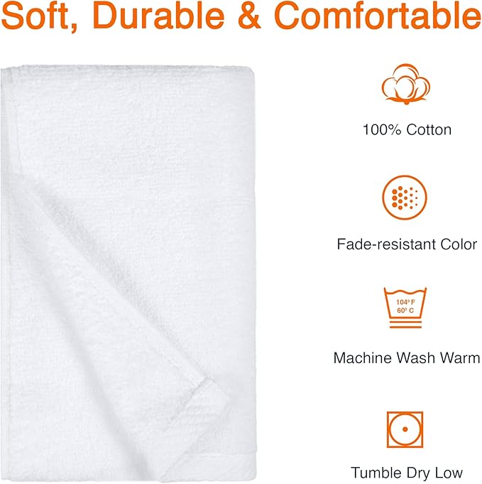 Amazon Basics 100% Cotton Soft, Quick-Dry Absorbent Hand Towels, 8-Pack, White, 28" x 16"