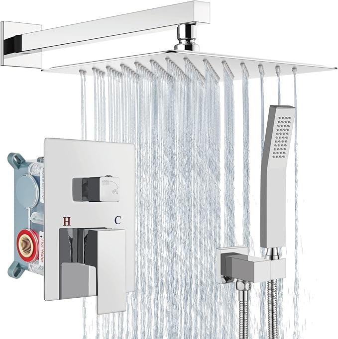 Aolemi Shower Faucet Set Rain Shower System with Handheld Spray Bathroom Shower Combo Rough-in Valve and Shower Trim Kit Included Polish Chrome 12 Inch Wall Mount Shower Head