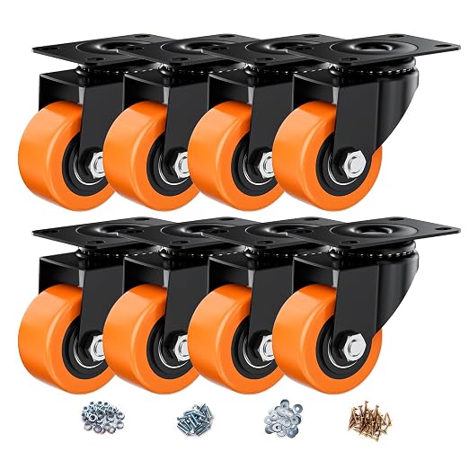 2.5" Swivel Plate Casters Set of 8 Heavy Duty 800 lbs | Orange PU, Non-Marking by ASHGOOB