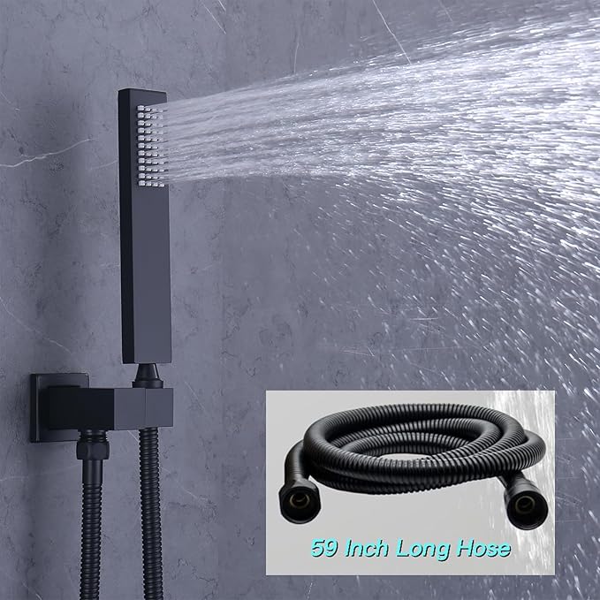 Temperature Display Shower Faucet Set Matte Black Shower System with 12" Ceiling Shower Head, Handheld Spray and 4 Body Jet, Multi-function Push Button Shower Faucet Trim Kit