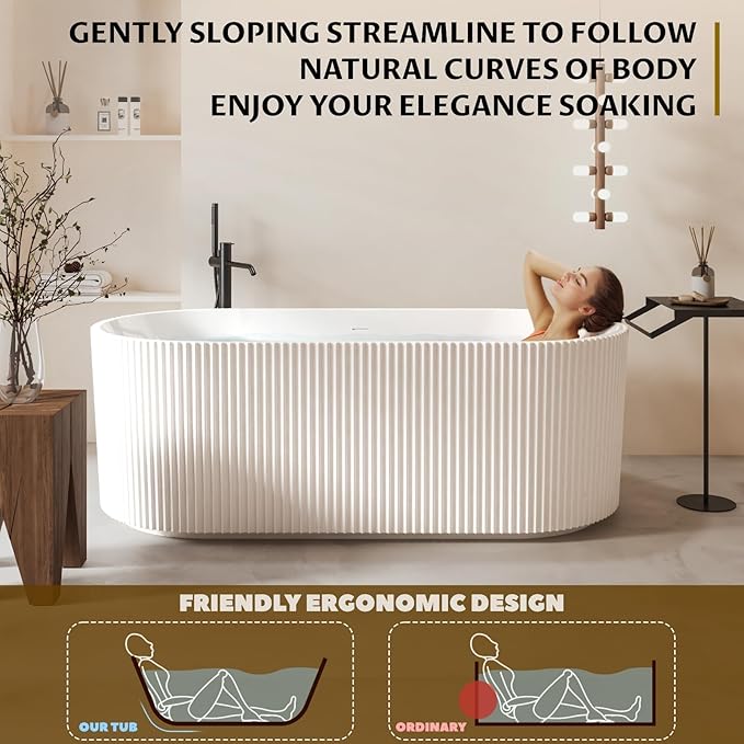 67" Acrylic Freestanding Bathtub, Soaking Tub with Brushed Gold Drain, Non-Slip Surface, Large White Bathtub for Adults, Durable Fiberglass Reinforced Free Standing Tub