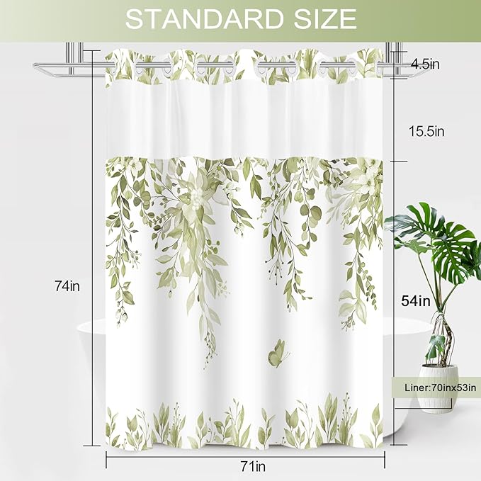 No Hook Shower Curtain and Liner Set, Beige Eucalyptus Floral Shower Curtains for Bathroom, Bath Curtain Sets with Snap in Liner, Waterproof with See Through Top Window, 71x74 Inches