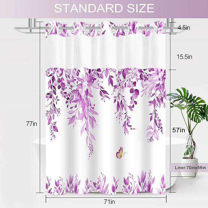 No Hook Shower Curtain and Liner Set, Purple Eucalyptus Floral Shower Curtains for Bathroom, Bath Curtain Sets with Snap in Liner, Waterproof with See Through Top Window, 71x77 Inches
