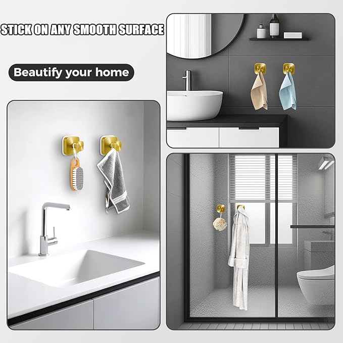 2Pcs Square Suction Cup Hook, 304 Stainless Steel Shower Hook, Removable Suction Cup Knob for Shower, Bathroom, Kitchen, Glass Door, Mirror (Gold)