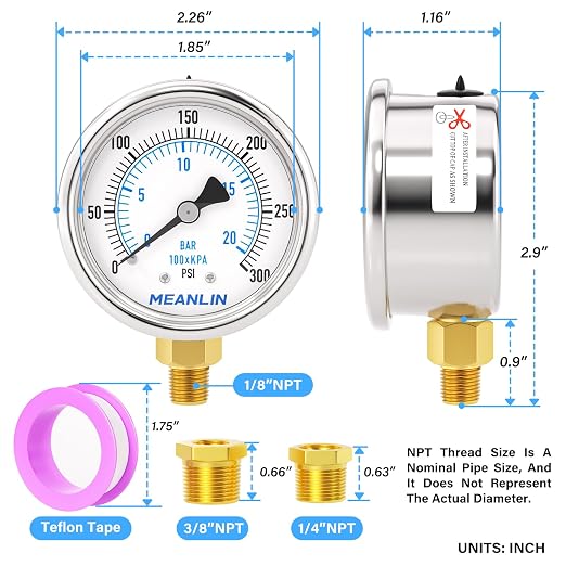 MEANLIN MEASURE 0~300Psi Dry Pressure Gauge Stainless Steel 1/8" NPT 2" FACE - Image 2