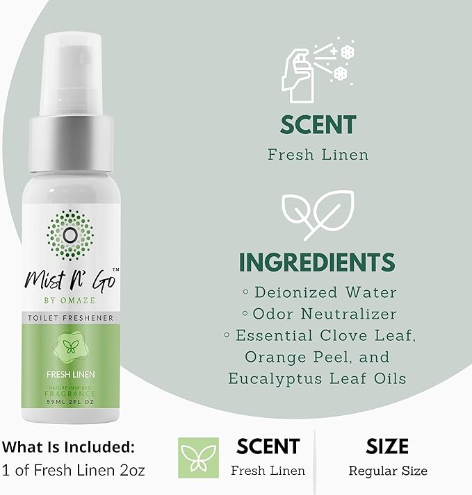 Mist N’ Go by Omaze Travel Bathroom Spray for Toilet Spray Odor Eliminator - Travel Toilet Spray for Bathroom Air Freshener Spray for Bathroom Deodorizer - Fresh Linen Regular Size (2oz x1)