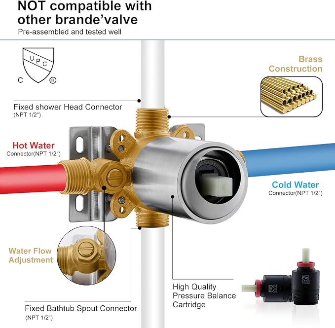 KENES Tub Shower Faucet Set Complete, Brushed Nickel Tub and Shower Trim Kit with 6-Inch Rain Shower Head, Square Shower System, KE-6025A (Shower Valve Included)