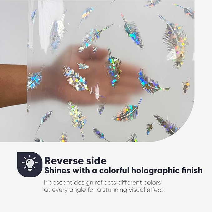 Plastic Shower Curtain Liner, Waterproof Printed PEVA Shower Curtain with Design, Holographic Feather Pattern, Rustproof Grommets, Standard Size 70x72 Bathtub Curtain for Bathroom (Pack of 1)