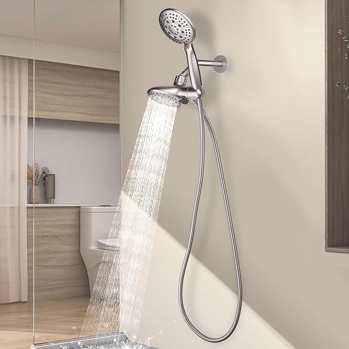 Cobbe 48-Setting High Pressure 3-Way Shower Head Combo, Hand Held Shower & Rain Shower Separately or Together, 4.7" Dual 2 in 1 Showerhead with Hose - Brushed Nickel - U.S. Invention Patents