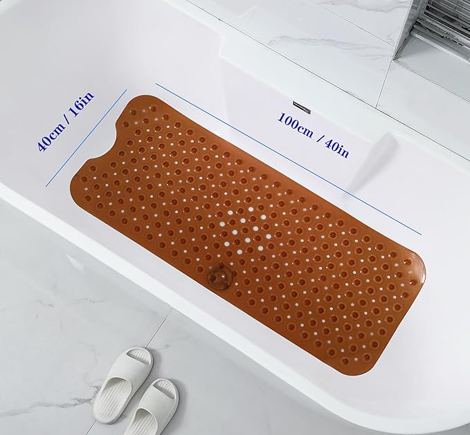 Anti-Slip Bathtub Shower mat, 39.3×15.7 inch（Approximately 100 × 40cm） Soft Oversized Machine Washable Non-Slip Bathtub mat with Drainage Holes, Bathroom Floor Suction Cup.（1-Clear Brown）