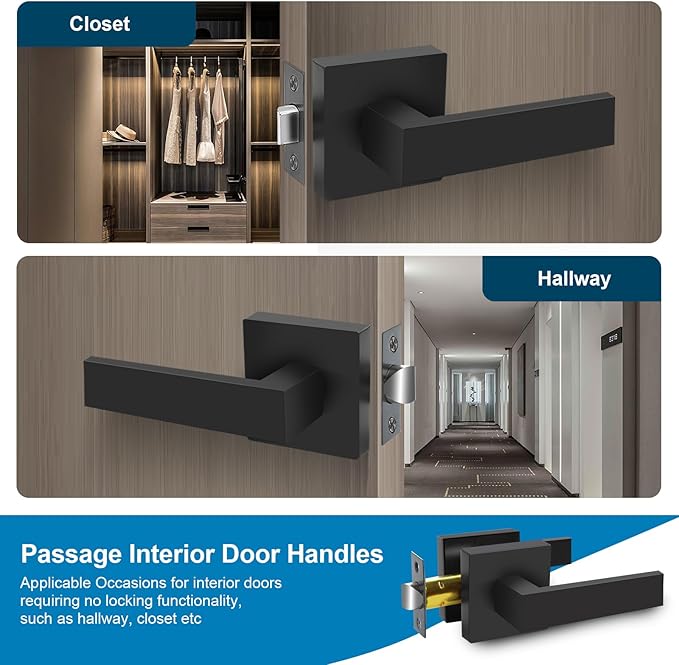 Passage Door Lever, 3 Pack Matte Black Interior Door Handles for Hallway and Closet, Heavy Duty Square Interior Keyless Door Handles Non-Locking Door Knobs for Right & Left Side Door