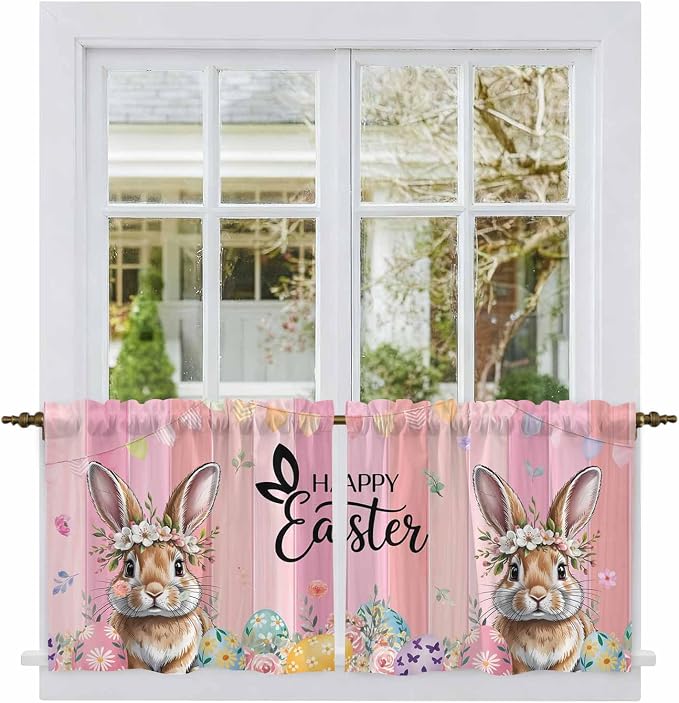 Easter Tier Curtains, Spring Rabbit Eggs Flowers Flags Leaves Wood Grain Light by Unknown