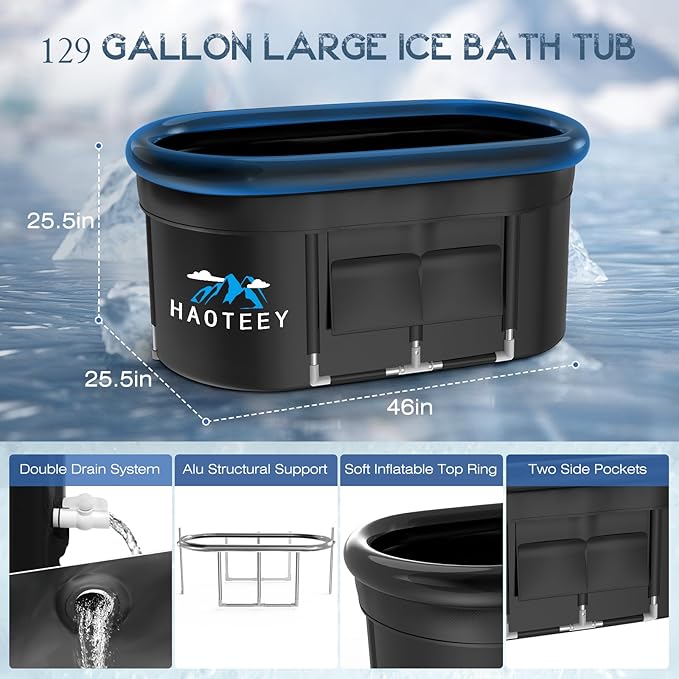 129 Gal Large Oval Ice Bath Tub with Air Ring, Cold Plunge Tub for Cold Water Therapy Exercise Recovery, Alu Support Portable Bathtub for Home, Gyms, Indoor, Outdoor