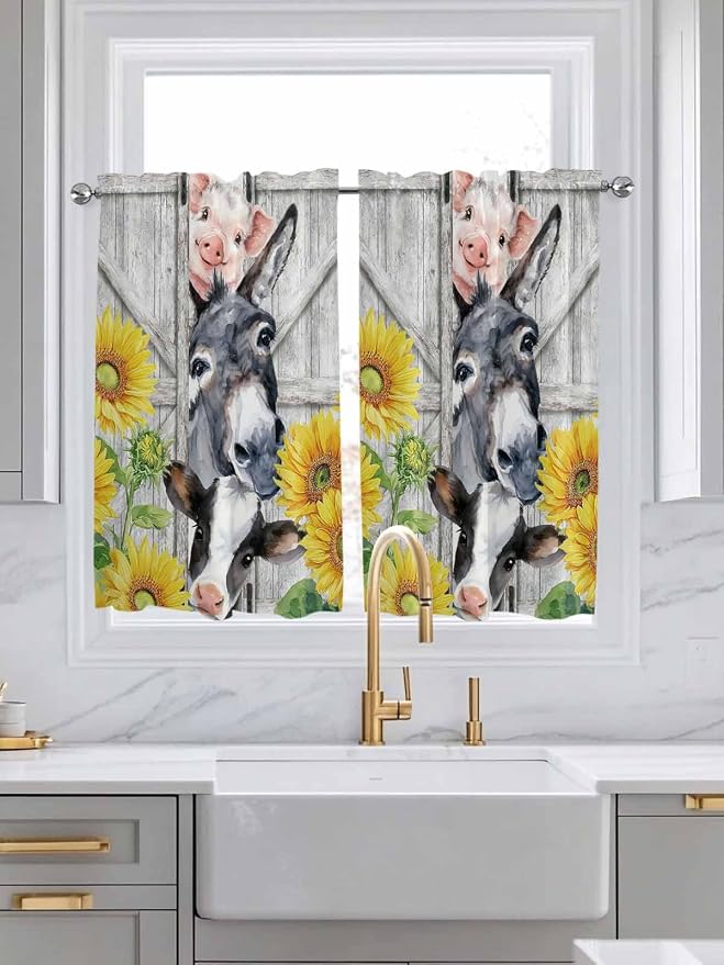 Farmhouse Kitchen Curtains 54 Inches length, Watercolor Sunflowers Animals - Image 3