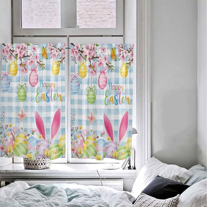 Happy Easter Tier Curtains 45 Inches Long, Spring Watercolor Bunny Eggs Flower - Image 5