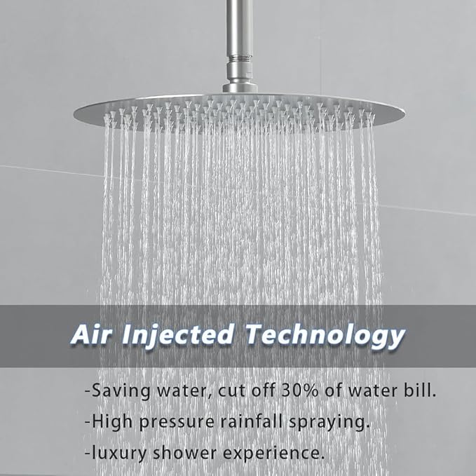 Brushed Nickel Round Shower Faucet Set with Body Jets 12 Inch Shower Head Handheld Shower Combo Set High Pressure Ceiling Mount with Rough-in Valve