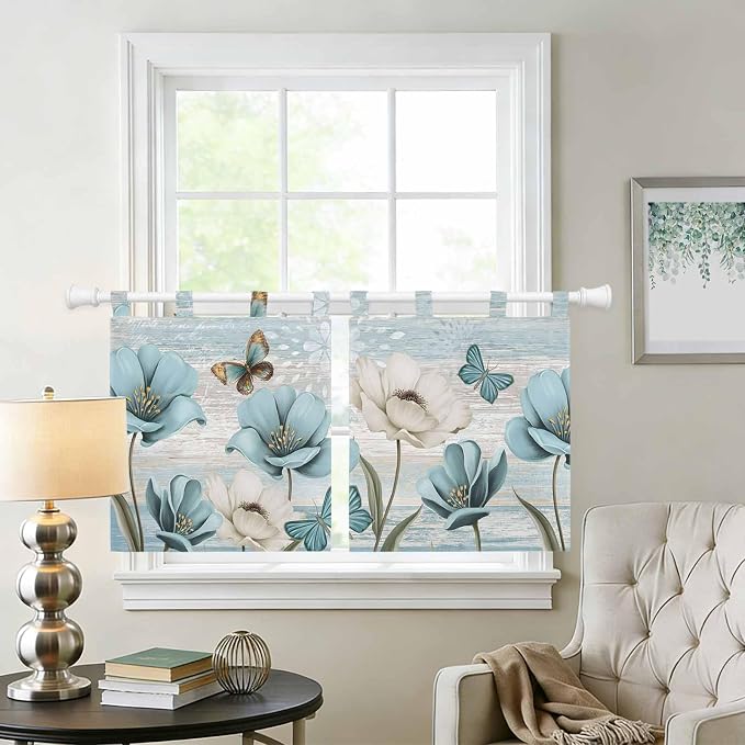 Spring Floral Kitchen Curtains 24 Inch Length, Small Window Curtains Tab Top - Image 2