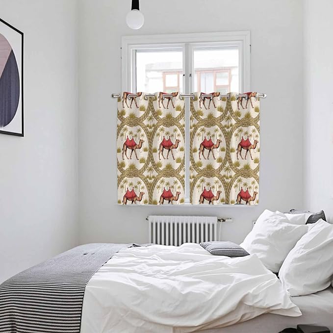 2 Panel Kitchen Cafe Curtains, Camels Palm Trees Sunlight Filtering Nature Air - Image 4
