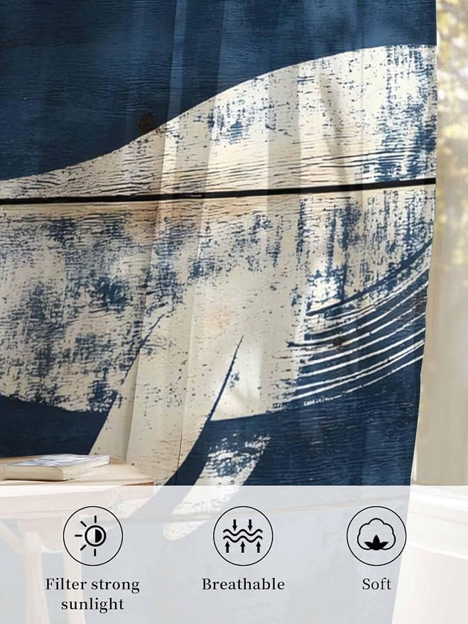 Sheer Curtains 54 Inch Length, Ocean Whale Blue Semi Sheer Curtains Light - Image 6
