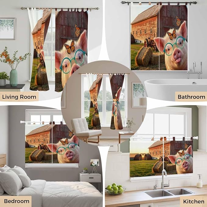 Farm Pig Kitchen Curtains 36 Inch Length, Small Window Curtains Tab Top - Image 7